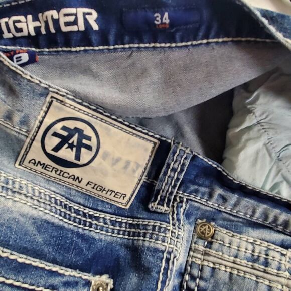 American Fighter Buckle Men’s Jeans Size 34L Blue Distressed Denim - Picture 11 of 13